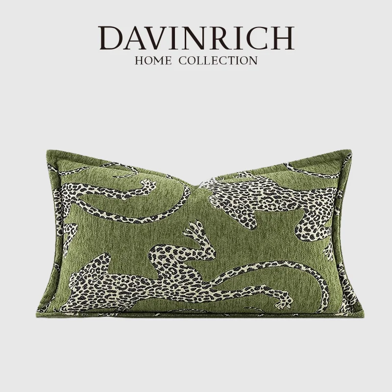 DAVINRICH Italian Modern Medieval Leopard Lumbar Pillow Case Royal Menagerie Collection Luxury Accent Cushion Cover Retre Green