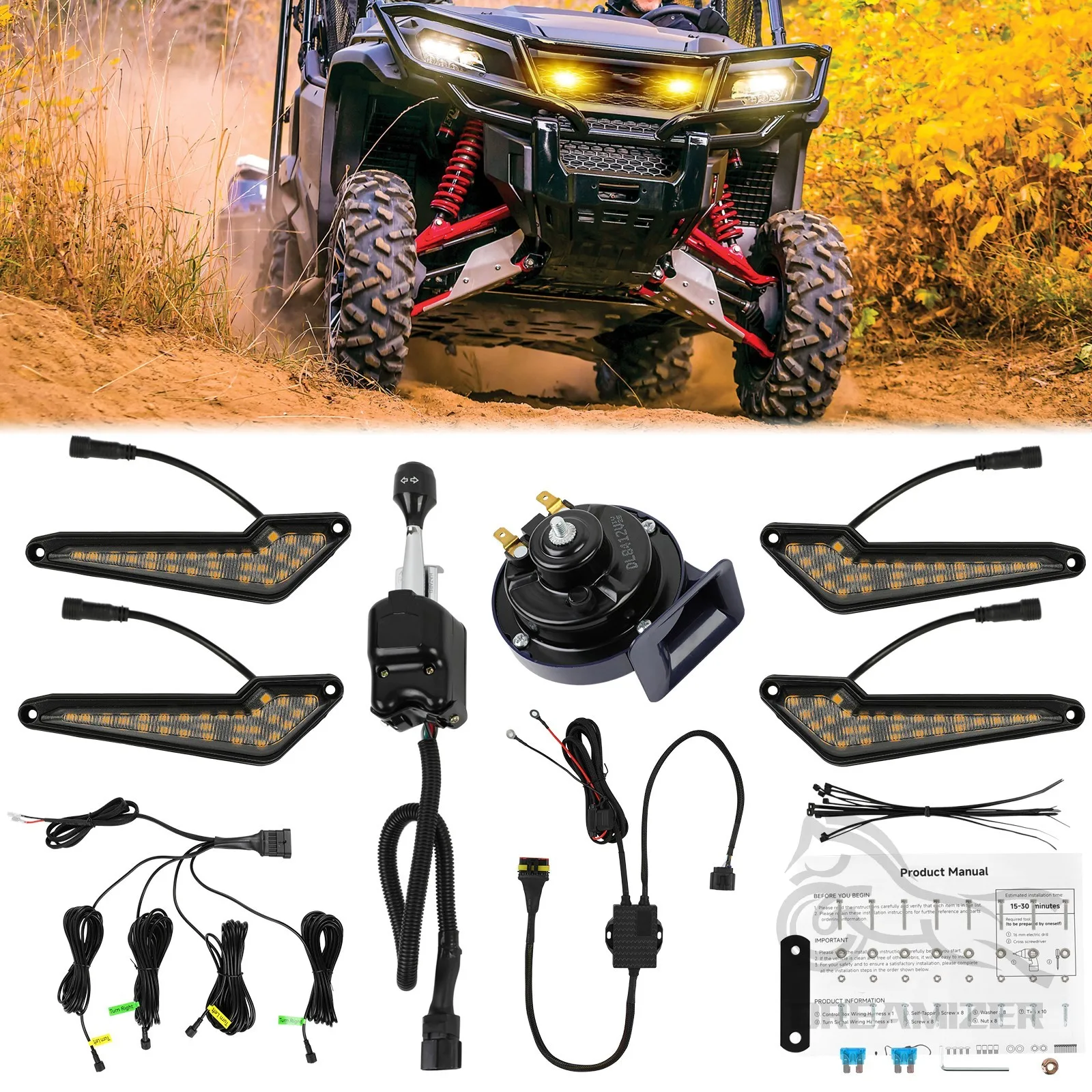 Universal UTV Turn Signal Kit Horn Plug and Play Pre-Wired ATV Blinker with Lever Column Switch Street Legal Kit Hazard light