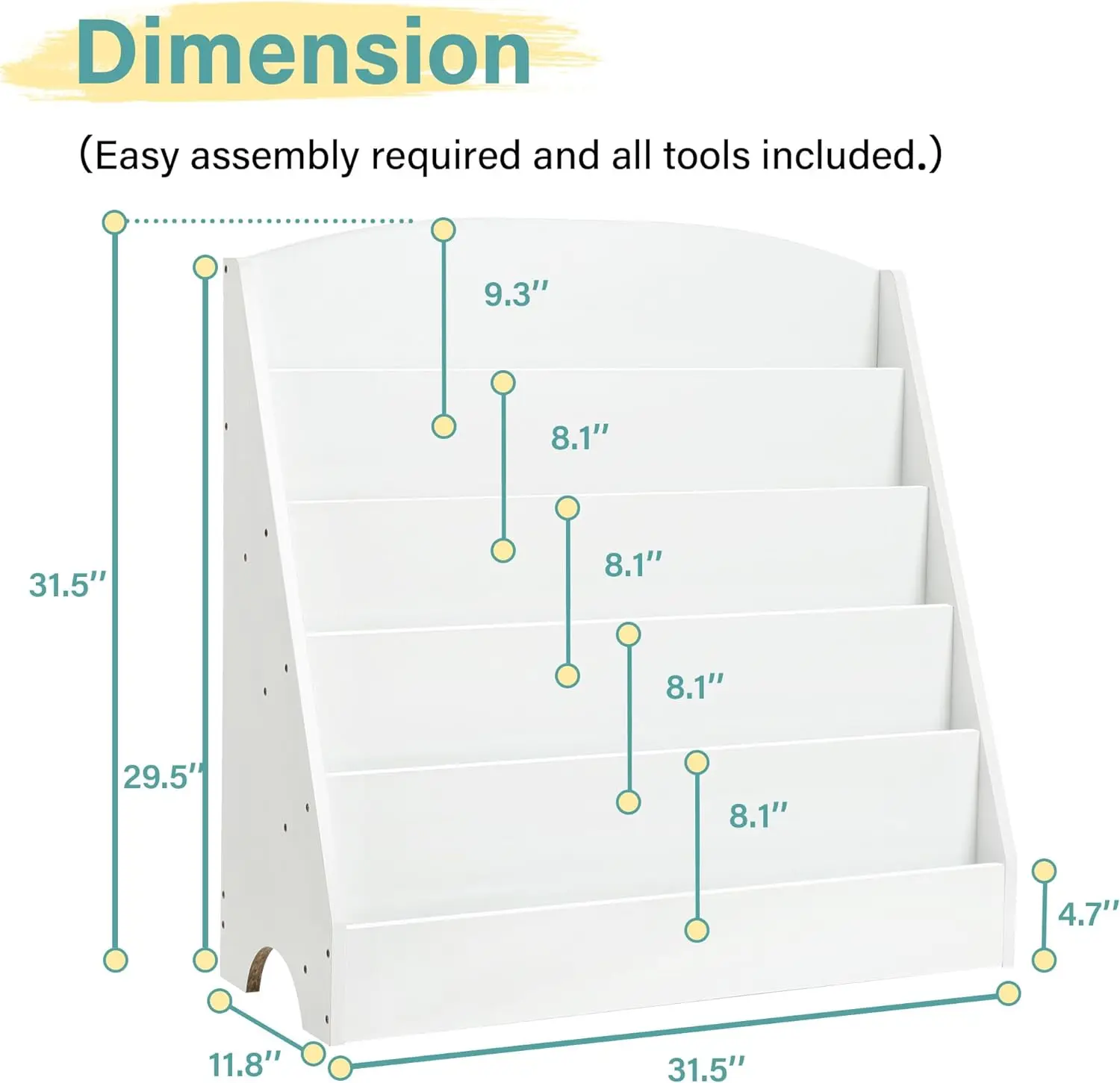 5-Tier Kids Bookshelf - Toddler Book Display Shelves For Classrooms, Playrooms, And Nursery - Wooden Children Book Rack (White)