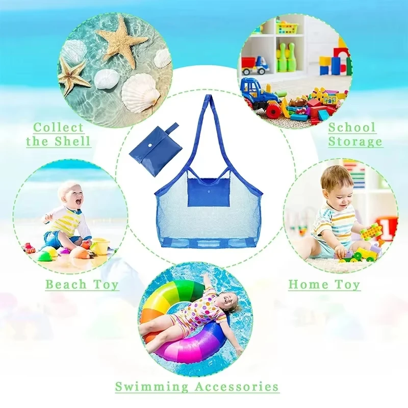 Sac de plage en maille pour enfants, sac pliable et portable pour jouets de plage, sacs pour vêtements, rangement de jouets, sac d'organisation d'articles divers