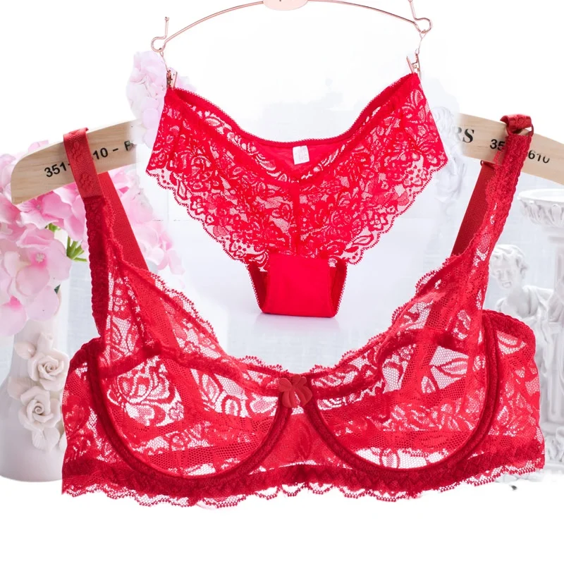 

Large size thin European and American steel rims sexy bra set ultra-thin transparent full lace comfortable underwear sleep bra