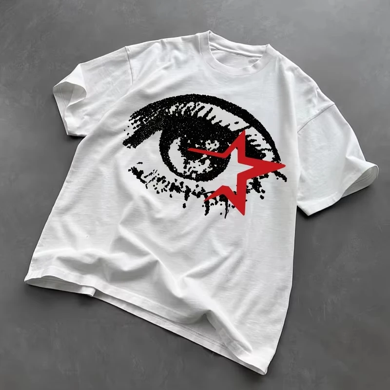 

American Hip-hop Men's Y2K Big-eye Printing Red Star Loose Street Style T-shirt Summer New Men's and Women's Streetwear