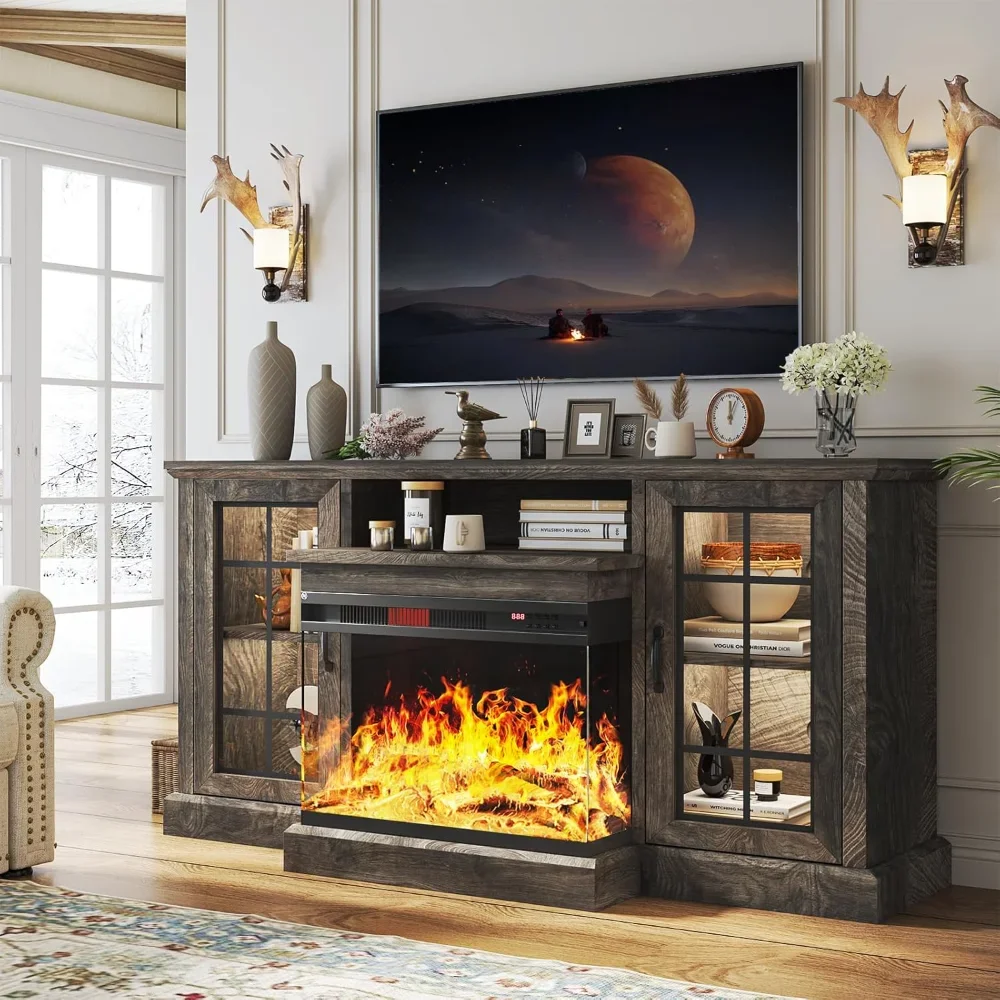 

59'' Fireplace TV Stand, 3 Sided Glass Media Entertainment Center Console Table for TVs up to 65'' with Glass Door Adjustable