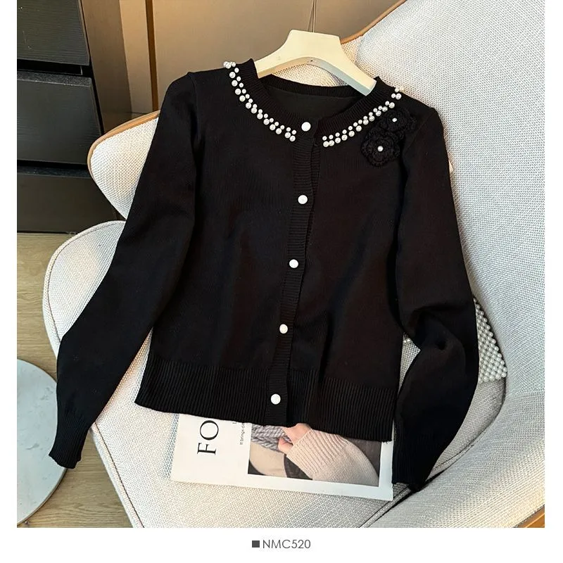 Frauen Pullover 2025, Frühling Herbst Neue Französisch Stil Tops Perle Perlen Langarm 3d Blume Koreanische Mode Strickjacke Kleidung