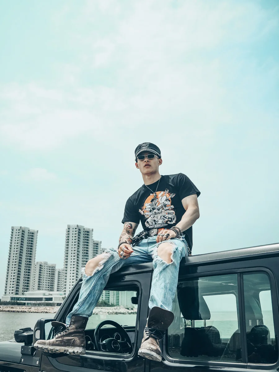 Rocker Men's T-Shirt Short Sleeve Band Devil Hardcore Monster Print Cotton Casual Tee Streetwear Punk Hip Hop Summer Fashion