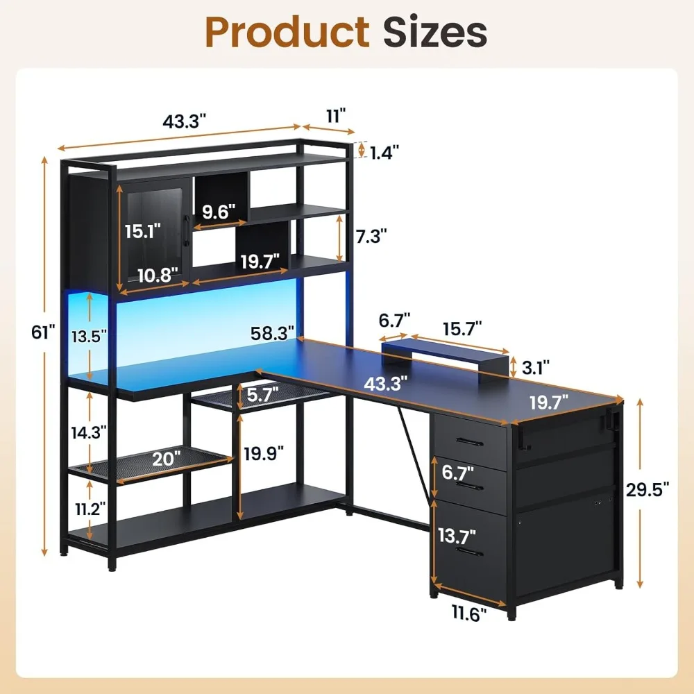 58'' Computer Desk with 3 Drawers, Bookshelf, Storage Shelves and LED Light, L Shaped Corner Gaming Desk