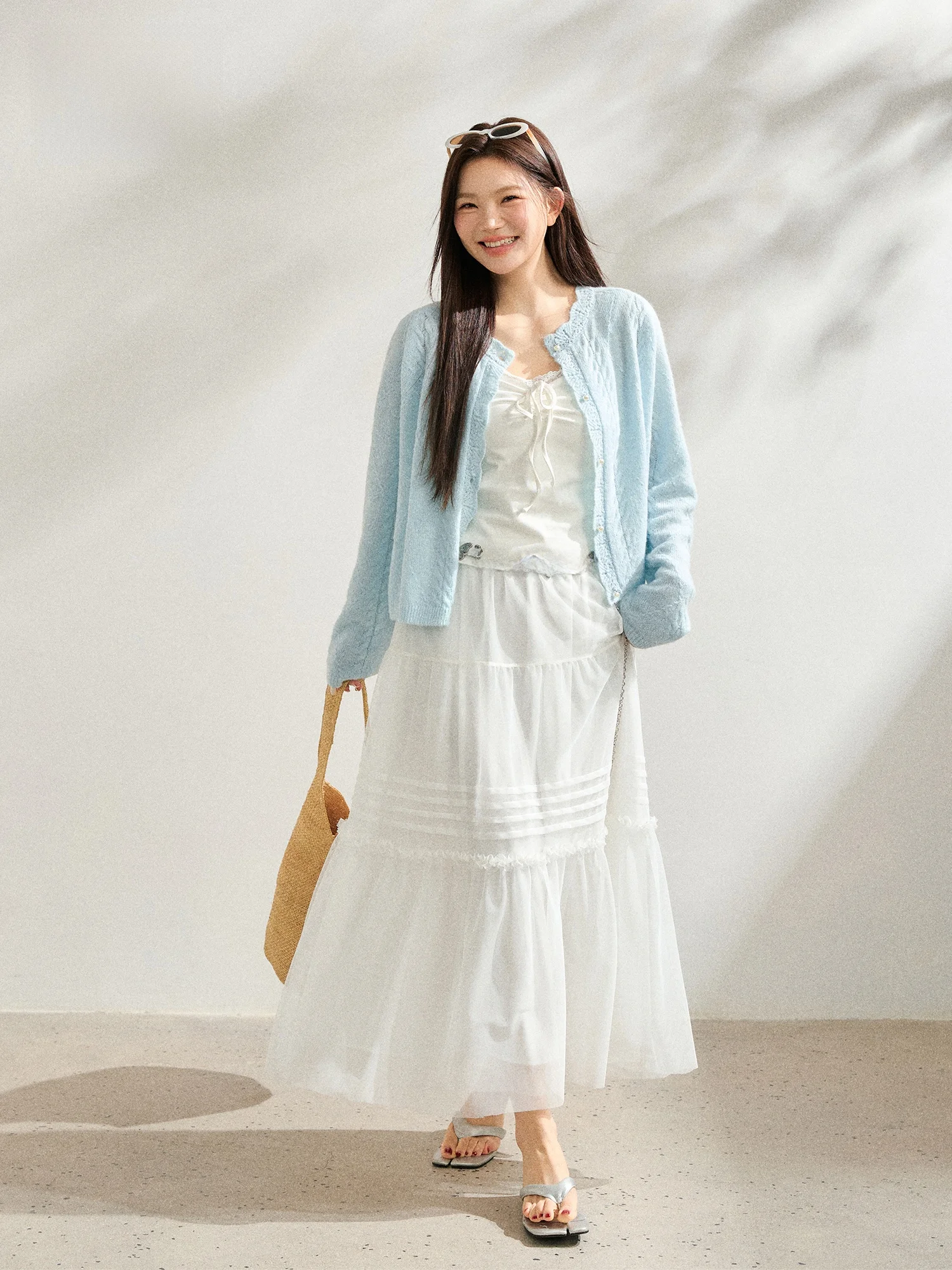 

Blue Open Cardigan Fre White Strap Cake Skirt High Waist A-Line Dr Spring Commute Sle Korean Loose Fit Long Sve