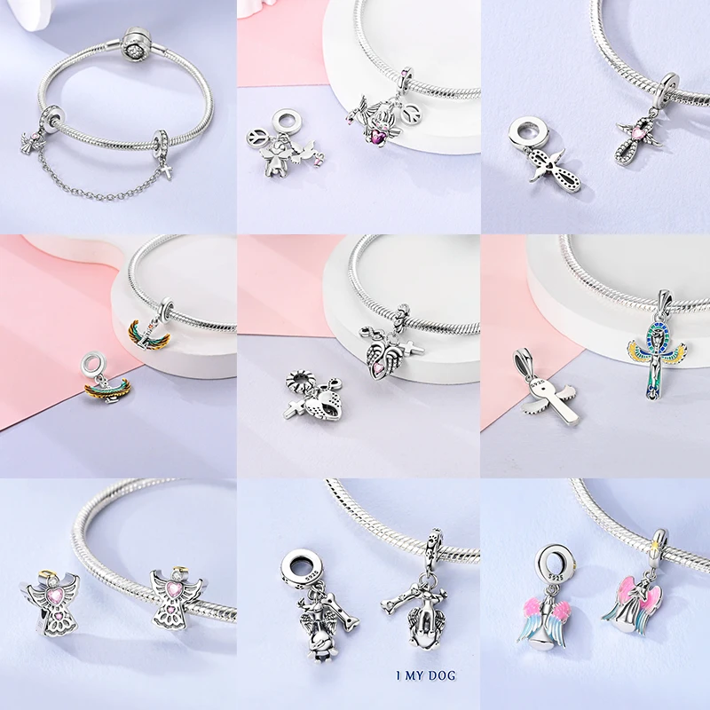 925 Sterling Silber Christlicher Engel-Kreuz-Charm-Perlen Schutzengel-Flügel Herz Glaube DIY Armband Halskette Geschenk für Frauen – Detail 4