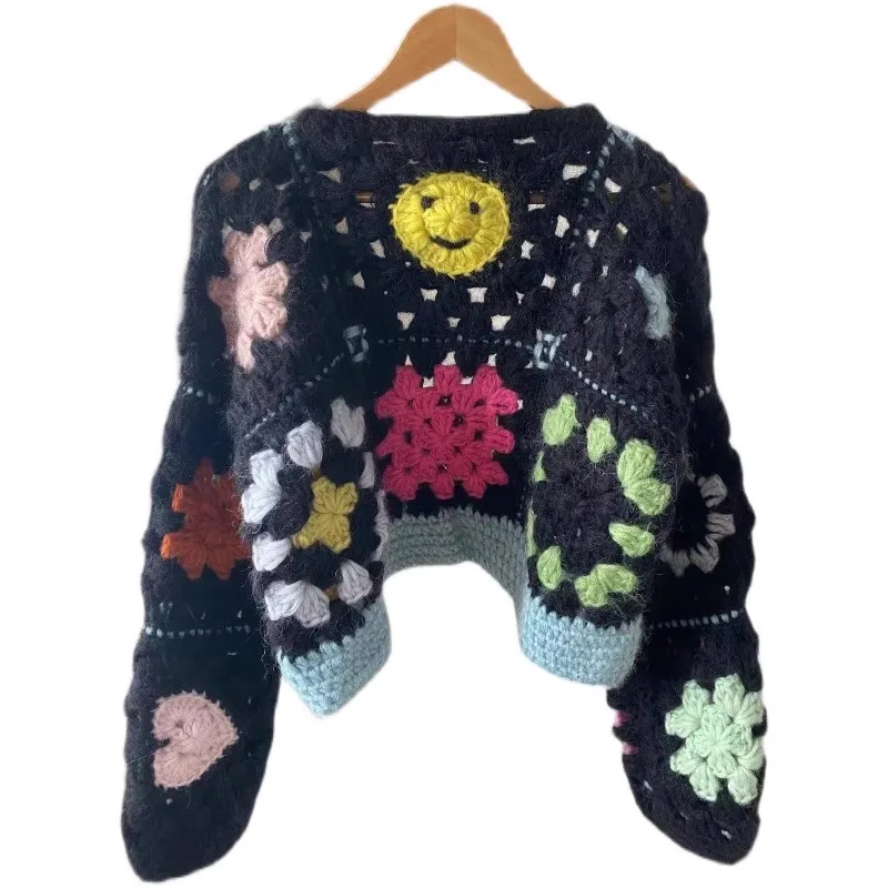 Women\'s Love Smiley Face Crochet Sweater, Patchwork Pattern, Cover Up Sweater, Internet Celebrity, Niche, 2024