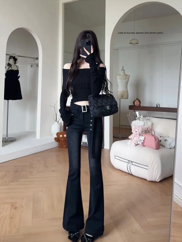 

Bla High Waist Draped Bell Bot Jeans Women's Straight Leg Pants Long Trousers Autumn Faion Retro Sle Cotton Stretch ...