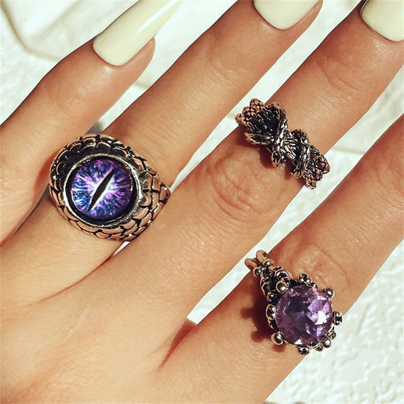Bohemia Metal Rings for Women Men Vintage Silver Color Knot Evil Eye Purple Crystal Ring Fashion Jewelry Wholesale