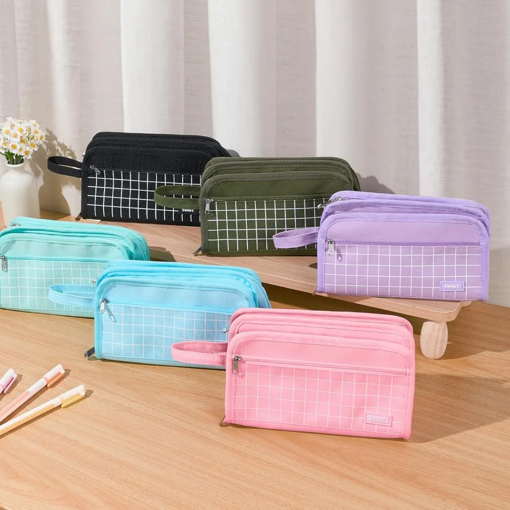 Large Pencil Case, Big Capacity Pencil Pouch Pen Bag with 3 Compartment, Portable Canvas Stationery Organizer with Zipper