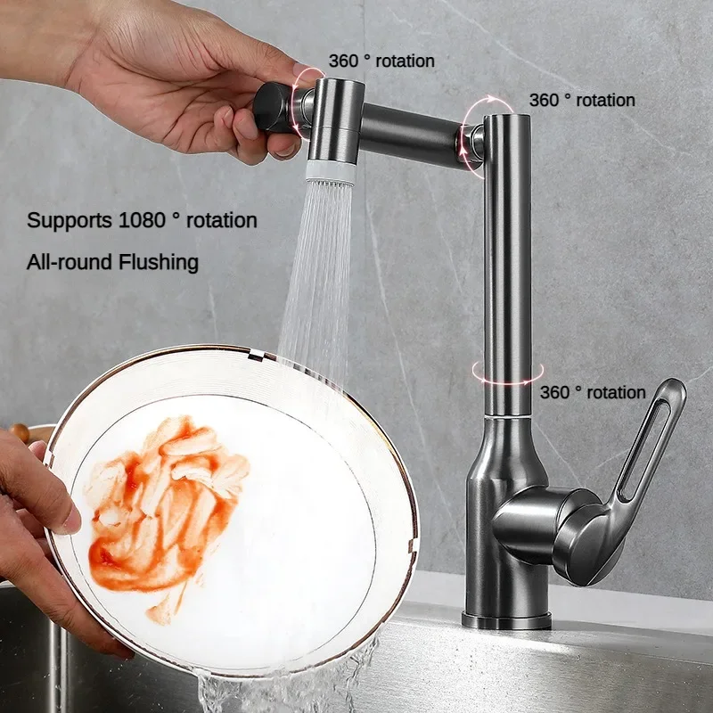 Gray 2 Function Stream Spraying Mode Hot Cold Kitchen Faucet Single Handle 360 Degree Rotation Doldable Basin Mixer Sink Tap