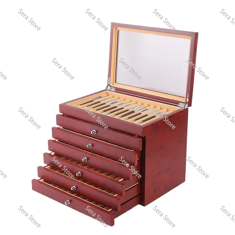 Black/ Burgundy Wooden Pen Display Storage Case, 78 Pens Capacity, Fountain Pen Collector Organizer Box With Transparent Window