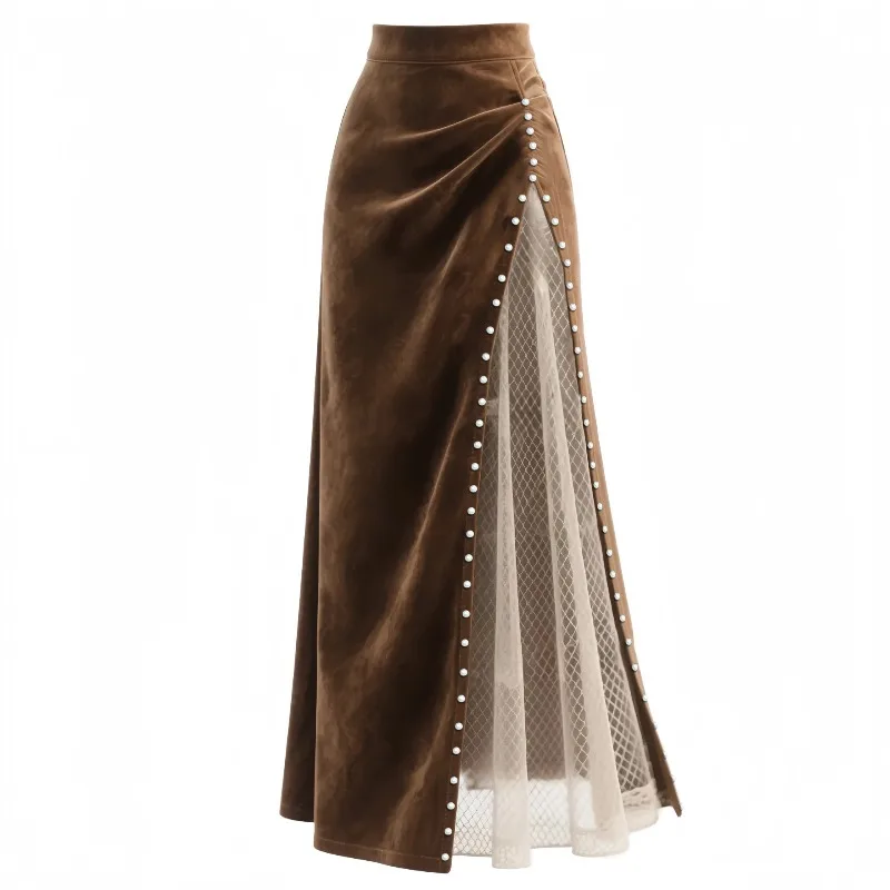 Amazon Cross-border European and American 2026 New Women's Retro Western Mesh Splicing Beaded Long Skirt Temperament Commuting