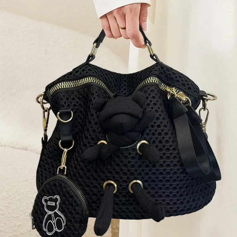 

Ladies' fashionable retro stitched mesh handbag, cute and casual multi pocket shoulder bag