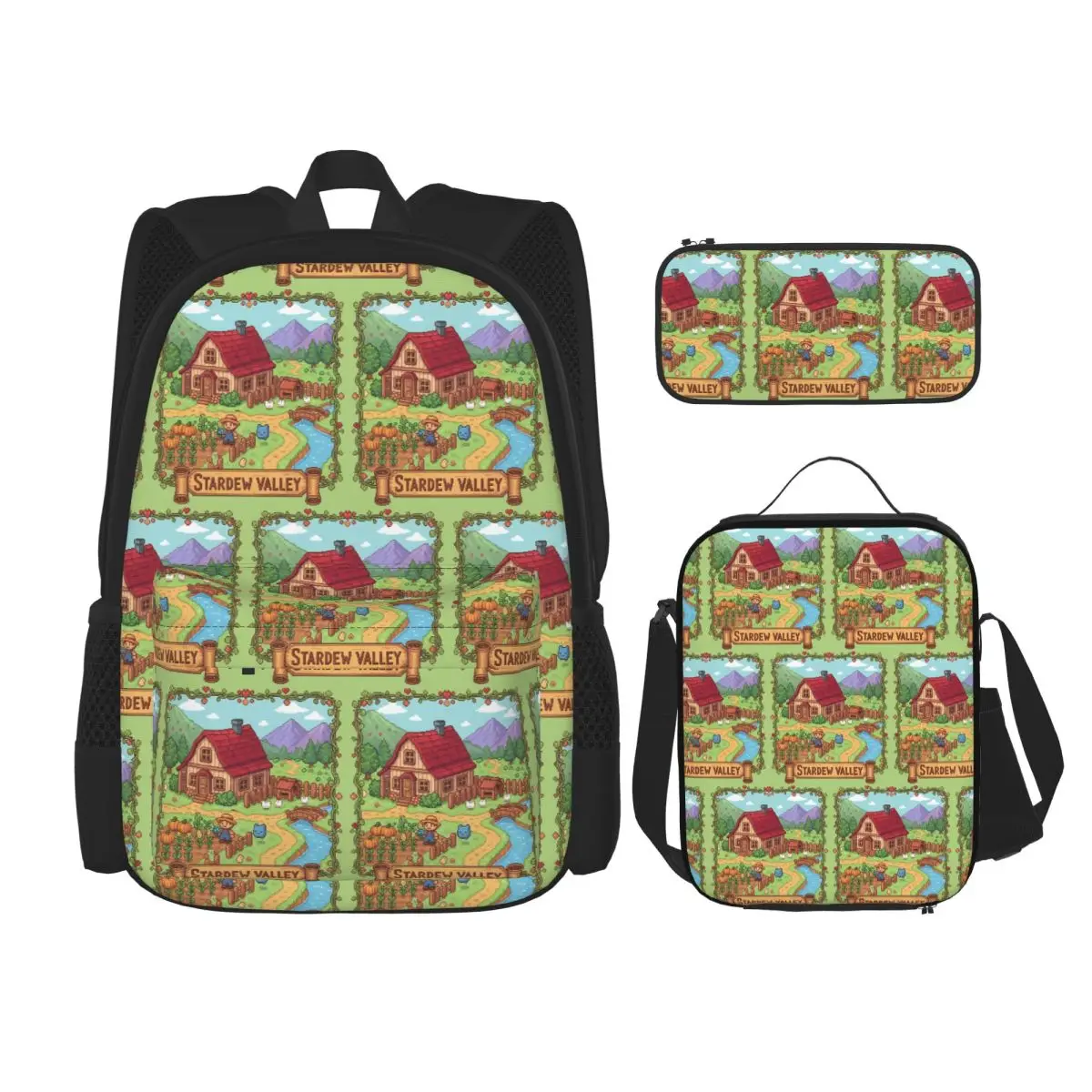 Stardew Valley Video Gamer Classic Pixel Art Backpacks Students Bookbag School Bags Rucksack Lunch Bag Pen Bag Three-Piece Set