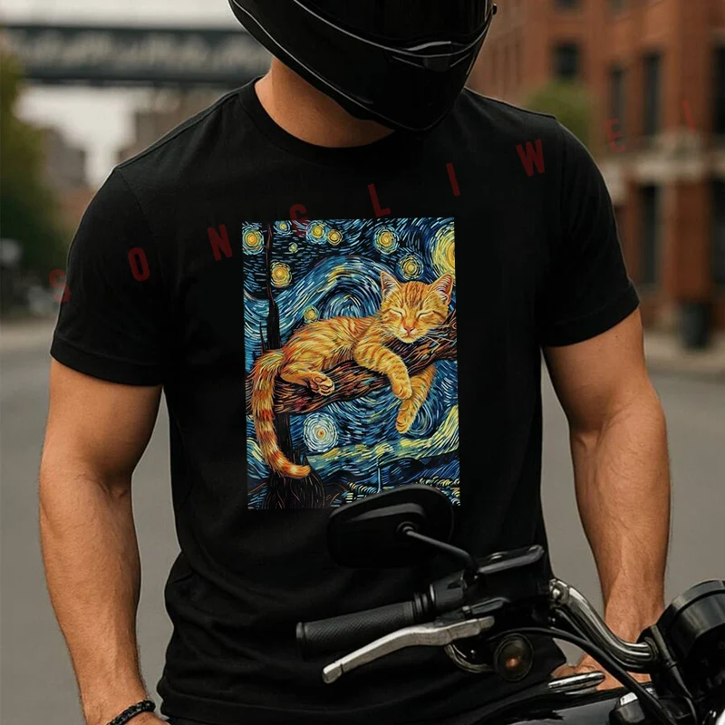 

Van Gogh-Inspired Starry Night Cat Print Motorcycle T-Shirt Cotton Men Summer TShirts Casual Short Sleeve Round Neck Tees