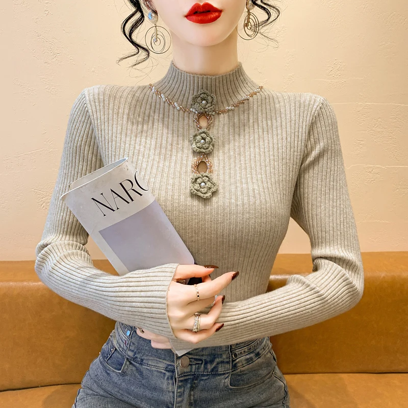 المرأة الجوف خارج طويل Sve محبوك قاعدة irt سليم صالح الخريف الشتاء Faion الفرنسية Sle الزخرفية لصق سترة أعلى