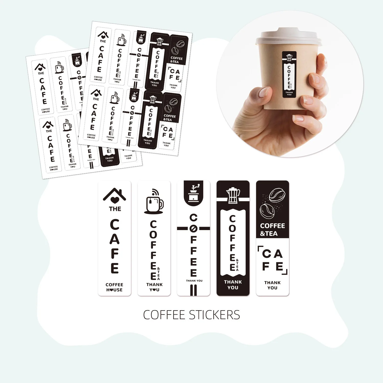 100pcs/set Black & White Coffee Stickers Self Adhesive Decals for Party Favors,Packaging,Small Business,Cafe Seals & Goodie Bags