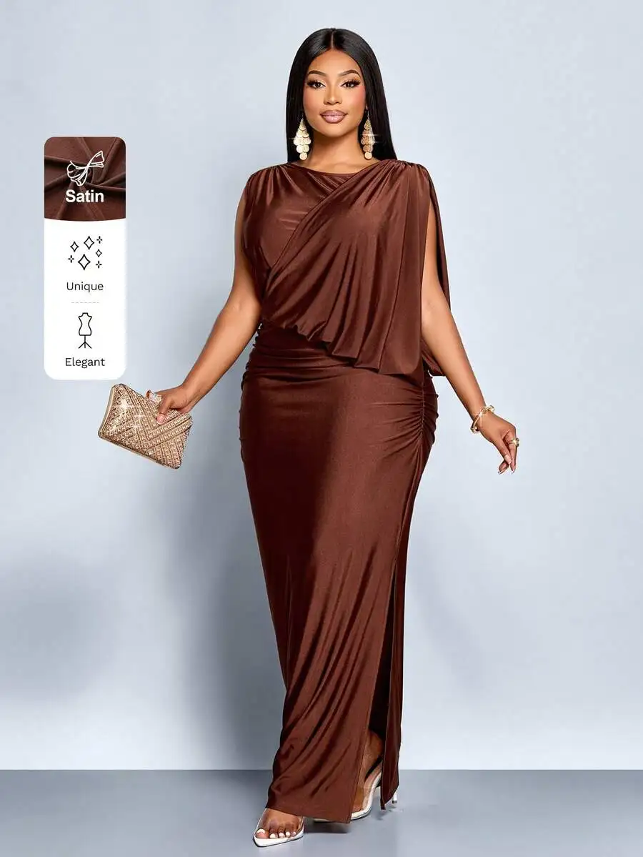 

Brown Satin Plus Size Asymmetrical Off-Shoulder Maxi Dress with Side Slit and Pleats