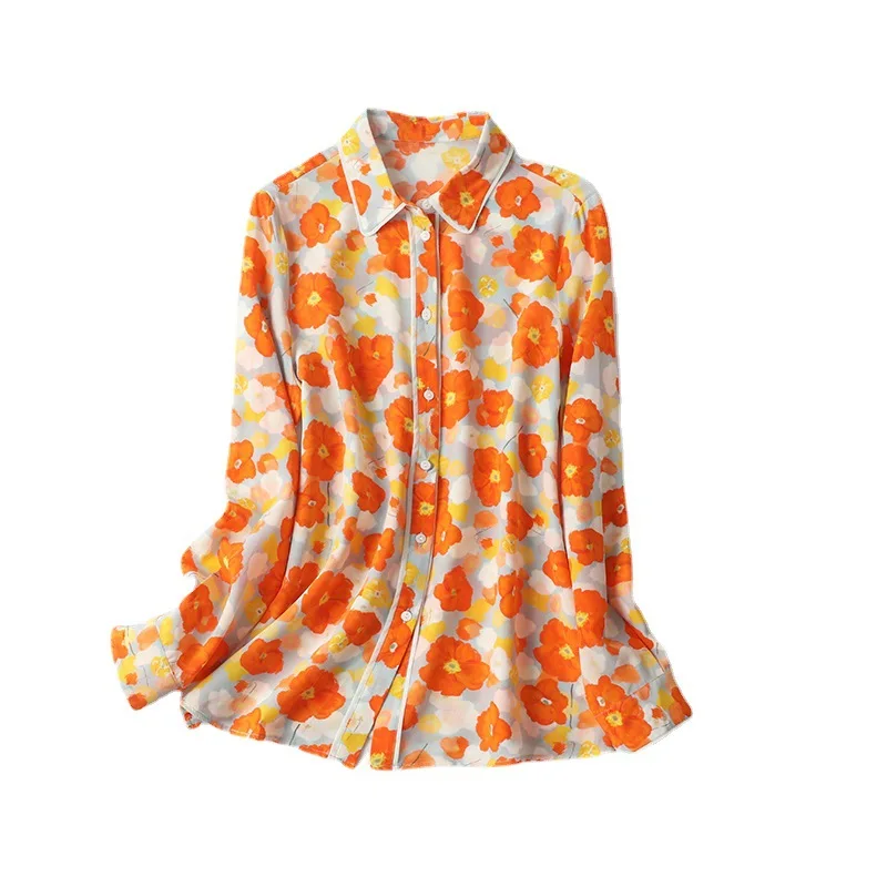 Birdsky, 1PC Women office lady long sleeve shirts blouse shirt Top 100% real mulberry silk flower print. S-478