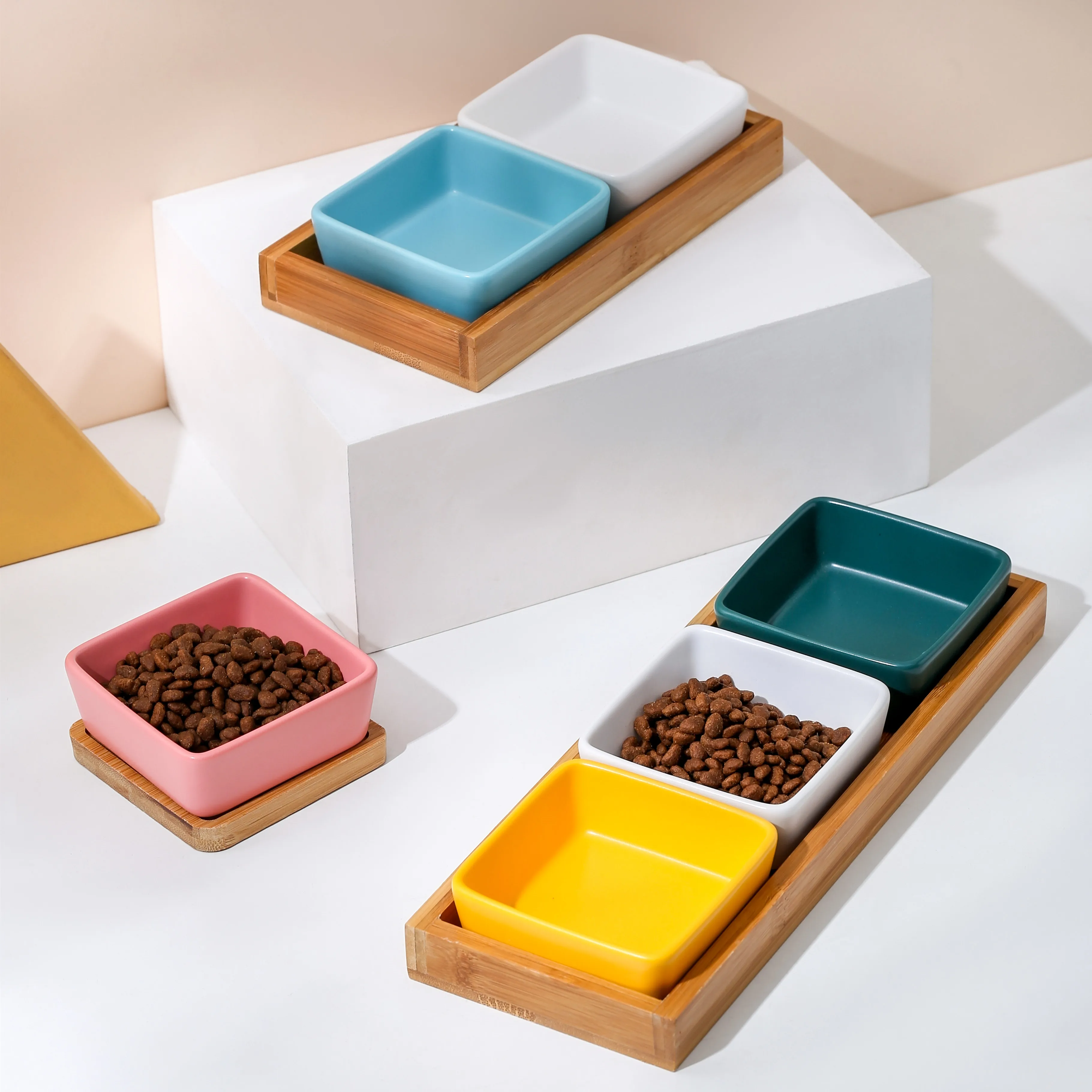 Cat Puppy Square Ceramic Bowl With Wood Stand And Dish Sturdy Durable Small Pet Feeder Multiple Color Accessories Supplies #p030