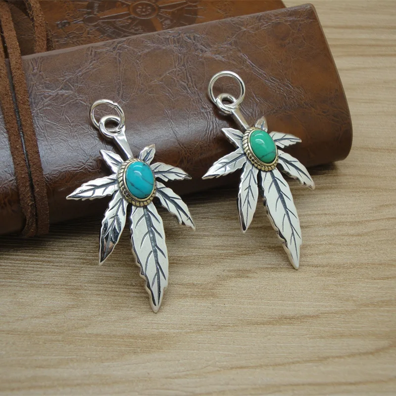 

Ethnic style personality s925 sterling silver jewelry Thai silver turquoise feather necklace hanging maple leaf pendant