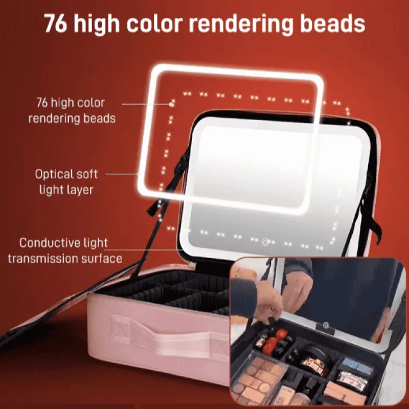 

Fashion Cosmetic Organizer with adjustable Led Light Women's Travel Cosmetic Bag with Mirror Portable Large Capacity Makeup Case