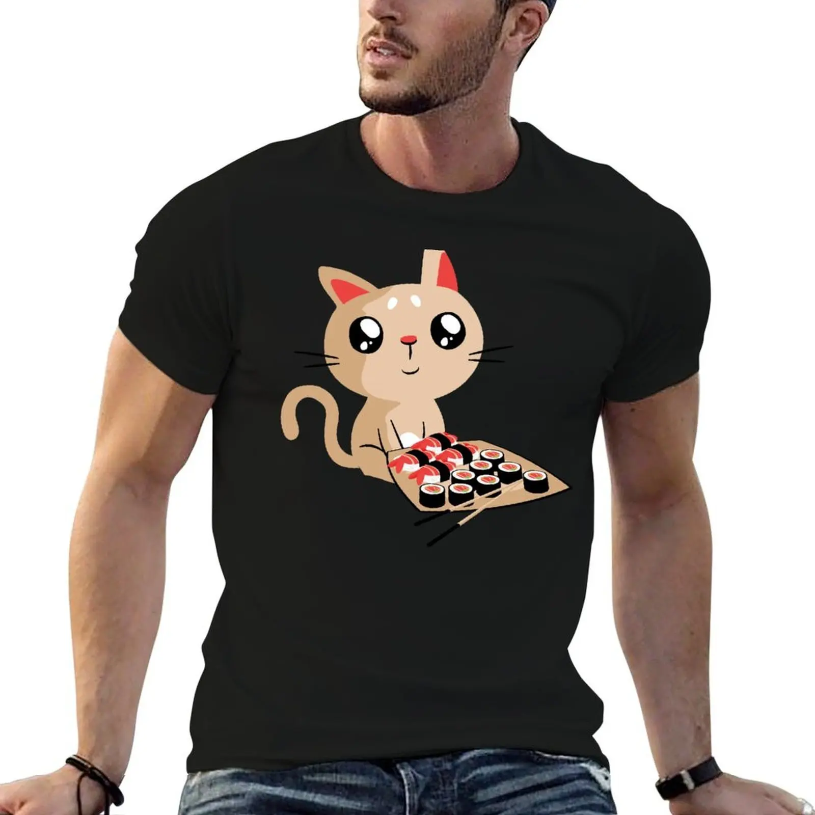 

Cute Cat With Sushi Rolls T-Shirt t shirts for man graphic vintage t shirts for man cotton T-Shirt