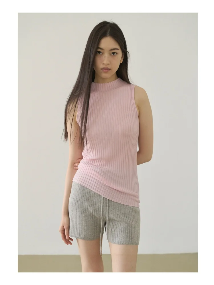 

Легкий и комфортный шелковый вязаный жилет Juadvent, розовый, дышащий, в рубчик, для повседневной носки, приталенный, цельный, летний