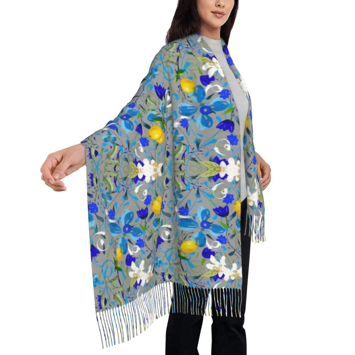 

Цитрусовые лимоны, дерева, листва, цветы и листа, шарф, шарфы с кисточками, женские мягкие теплые шали и накидки, длинная осенне-зимняя шаль, накидка