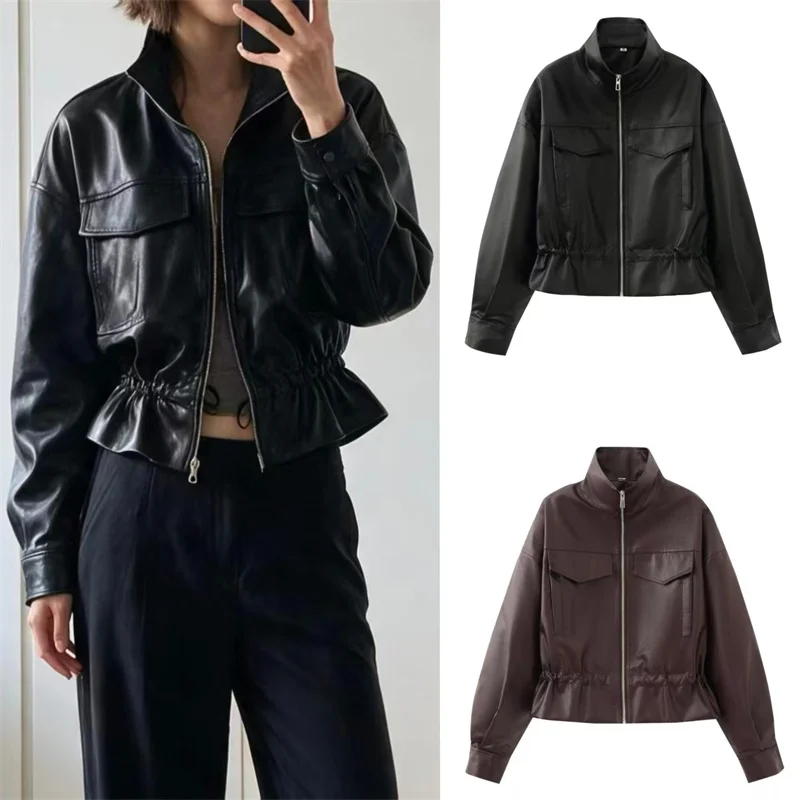 Guobioziy 2026 Fall/Winter New Women's Jacket Long-Sleeve Drawstring Waist Faux Leather Biker Jacket Parka Trendy and Stylish