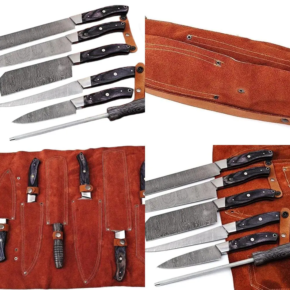 

6-Piece Damascus Steel Professional Utility Kitchen Knife Set with Black Pakkawood Leather Roll