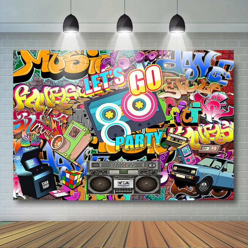 

Mocsicka Hip-hop 80's Themed Backdrop 80s Graffiti Personalized Portrait Background Adult Vintage Themed Party Decoration