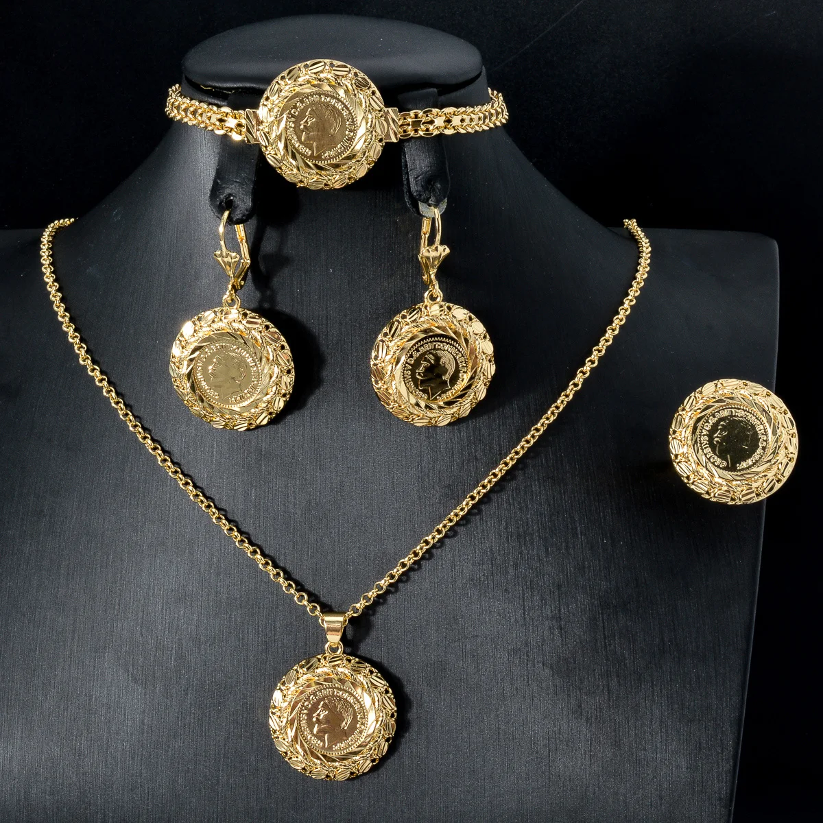 Portrait Coin Jewelry Set 4Pcs Women Medallion Velvet Choker Necklace Ring Drop Earrings Vintage Ethnic Wedding Jewelry Gift