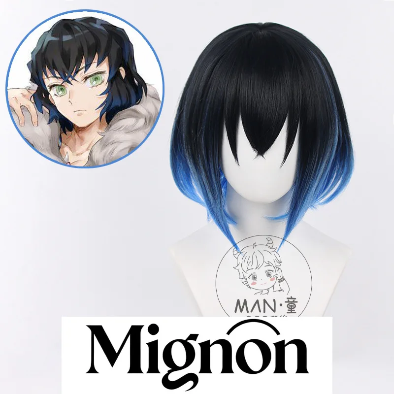 

Mignon Inosuke Hashibira Cosplay Wig Black Blue Gradient Boar Mask Halloween