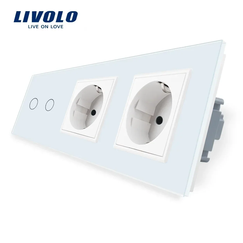 Tomada Elétrica Padrão EU Livolo + Interruptor de Toque de 2 Teclas com Painel de Vidro Cristal Branco para Casa Inteligente AC 220V 16A