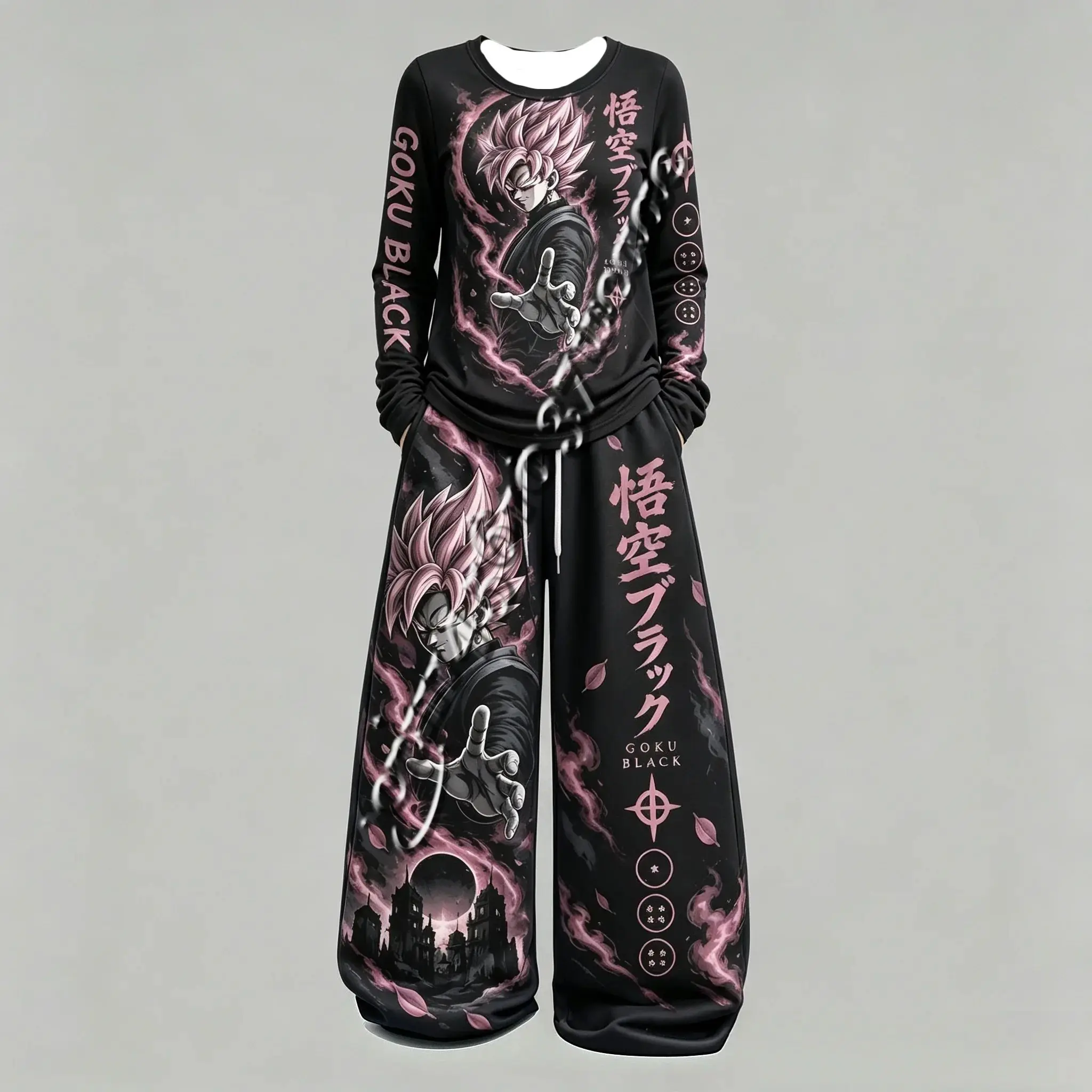 Women Men Autumn Streetwear Dragon Ball Anime Print Long Sleeve T-Shirt and Wide Leg Pants Sweat Suit FamilyMatching