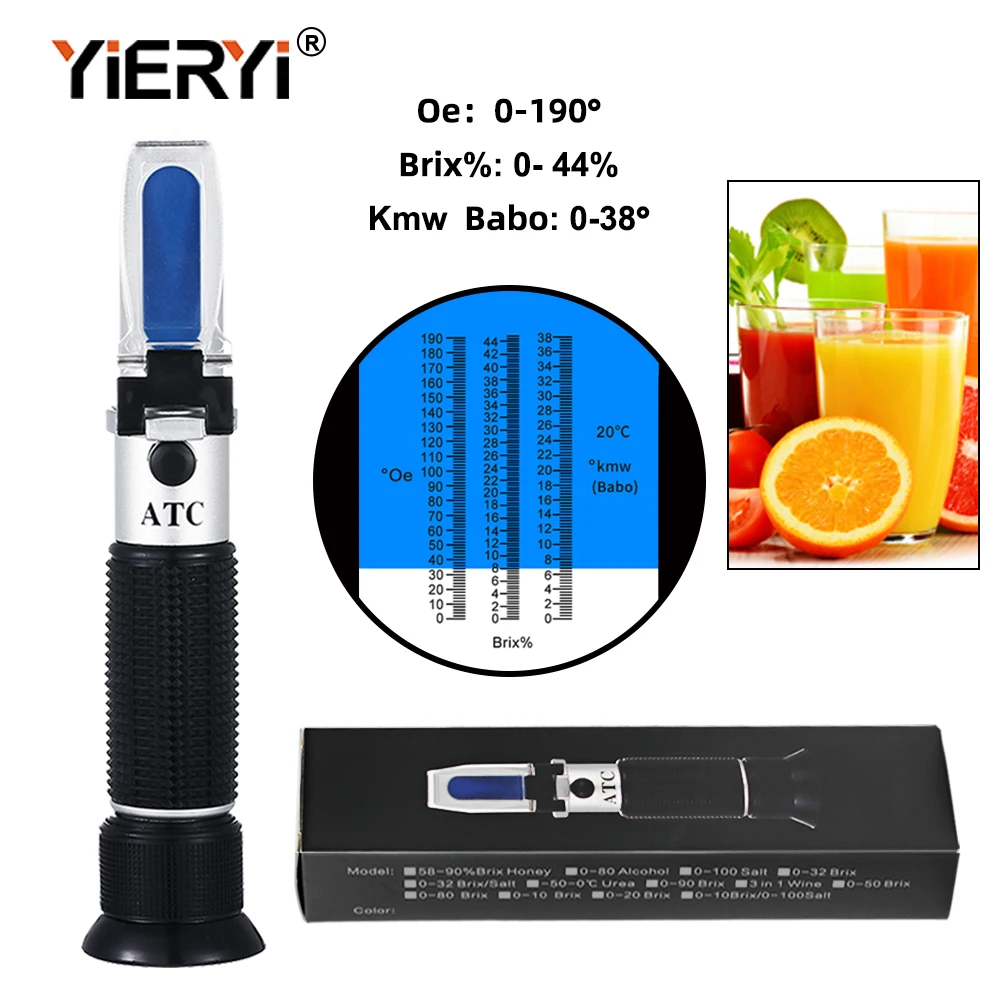 3 in 1 Fruit Juice Brix 0~44% Refractometer Hand Held ATC for Fructose Sucrose Brix °Oechsle（°Oe） and °KMW(Babo) Sugar Tester