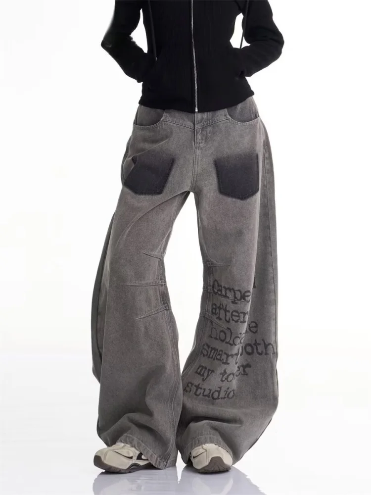 

Cyber Y2K, модные винтажные серые мешковатые плиссированные женские джинсы с буквенным принтом, брюки для женской одежды, прямые хлопковые брюки