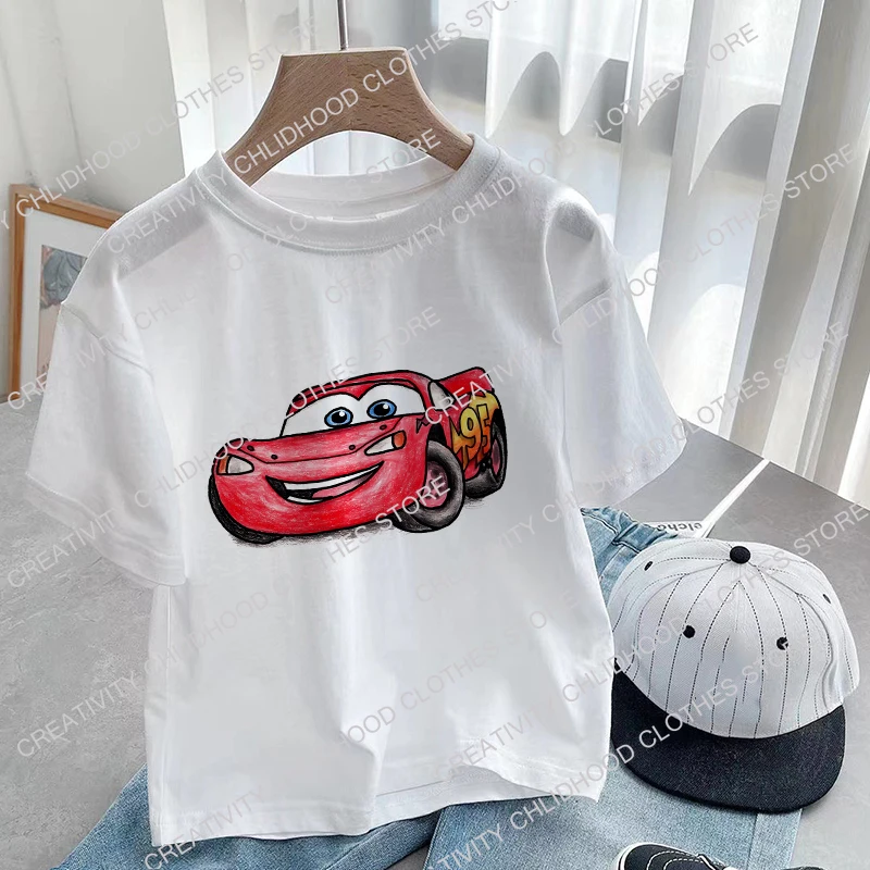 Camiseta de manga curta infantil para carros Disney, tops de anime kawaii para menino e menina, camisetas com desenhos animados Relâmpago McQueen, roupas casuais para criança