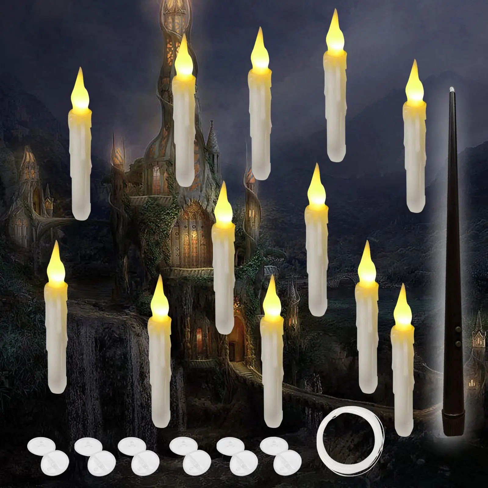 12x Hanging Floating Candles Floating Flameless Flying Candles for Fireplace Party Decoration Christmas Gifts Party Halloween