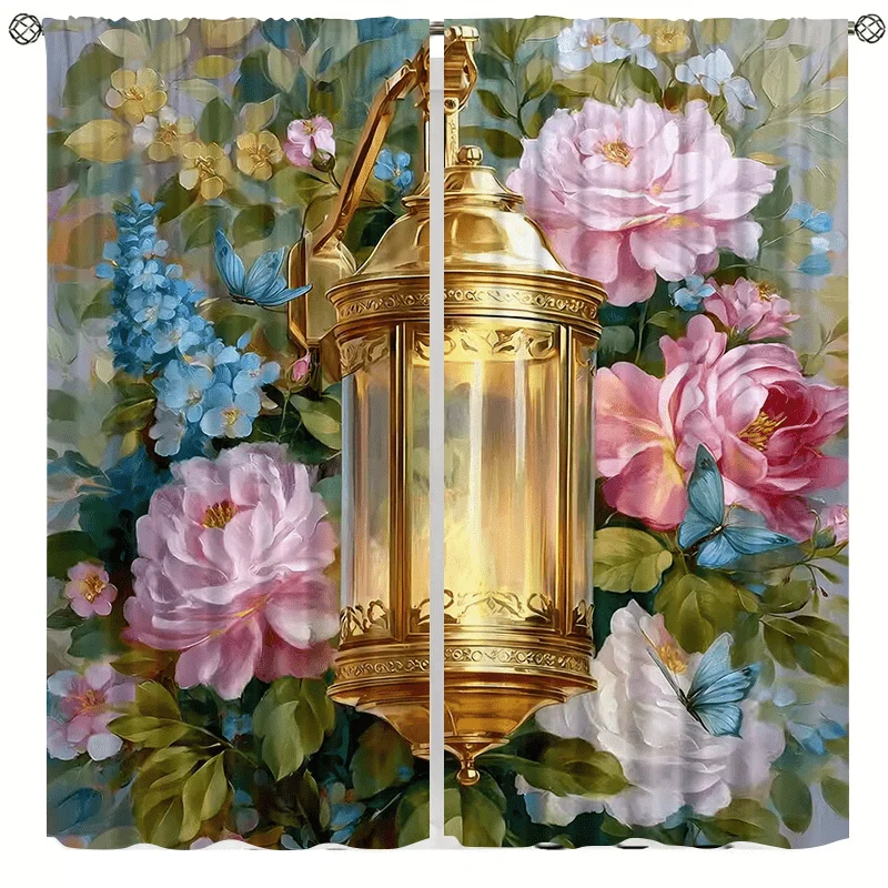 Golden lantern butterfly patterned curtains, made of digital polyester, suitable for living rooms bedrooms study rooms bathrooms