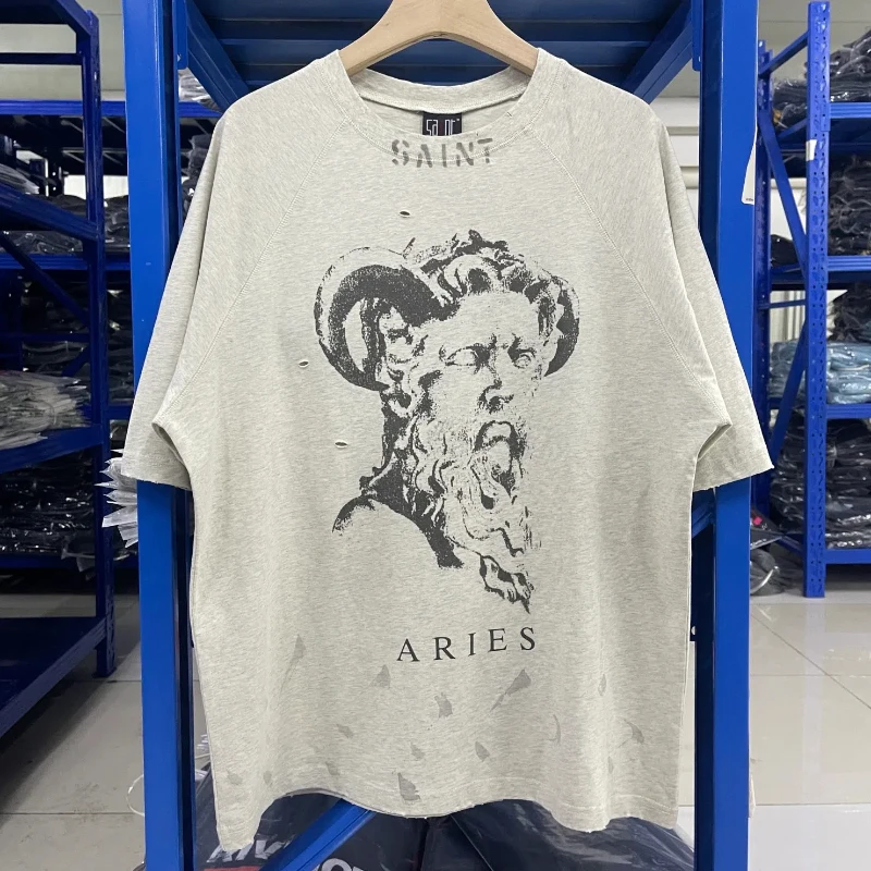 High Quality Saint Men Women Casual Comfortable T-shirt Tees Tops Washed Demon Pattern Print T Shirt Streetwear Y2k Clothes