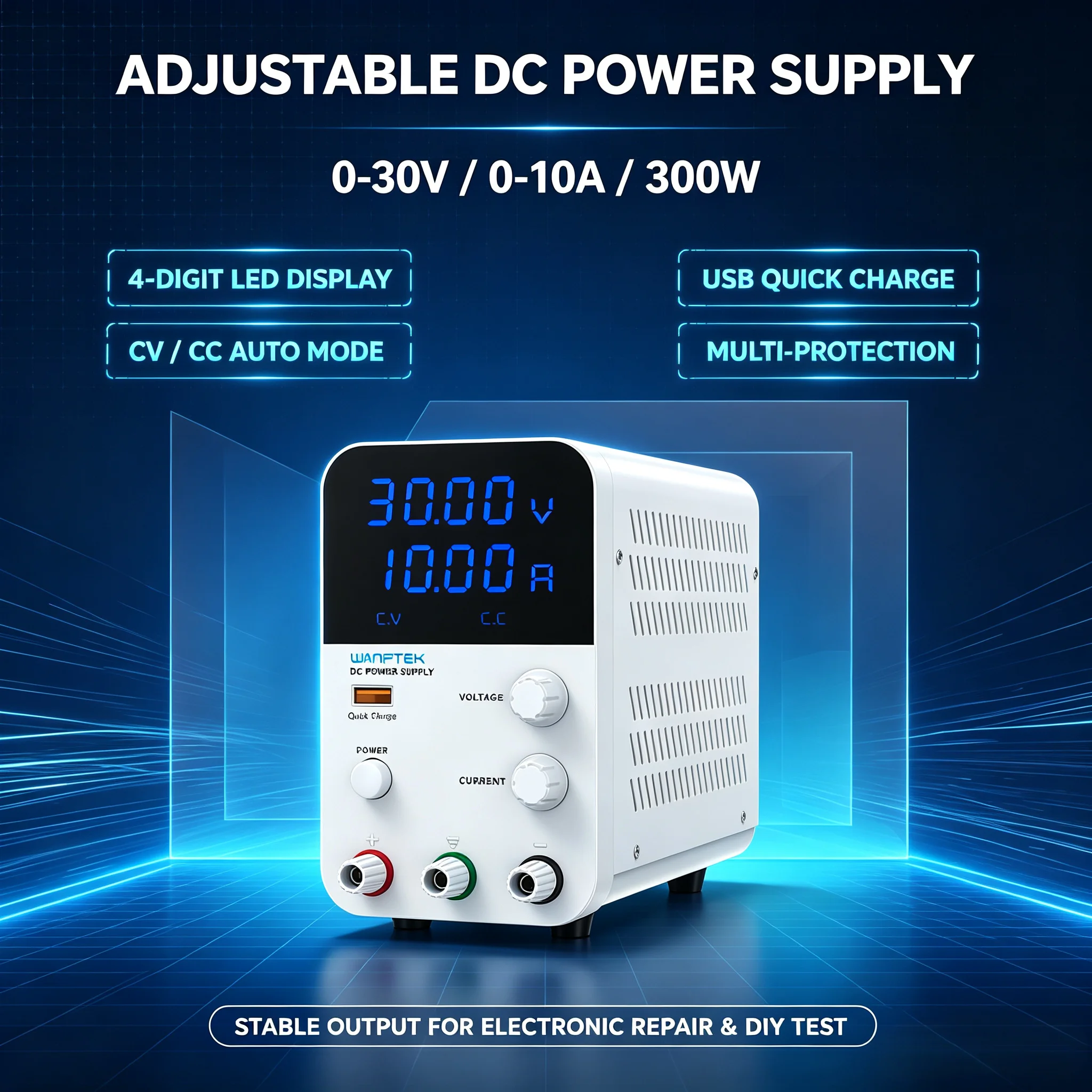 WANPTEK GPS Series Lab DC Power Supply, 4‑Digit Dual Blue Display USB Fast Charge for Repair & Battery Charging