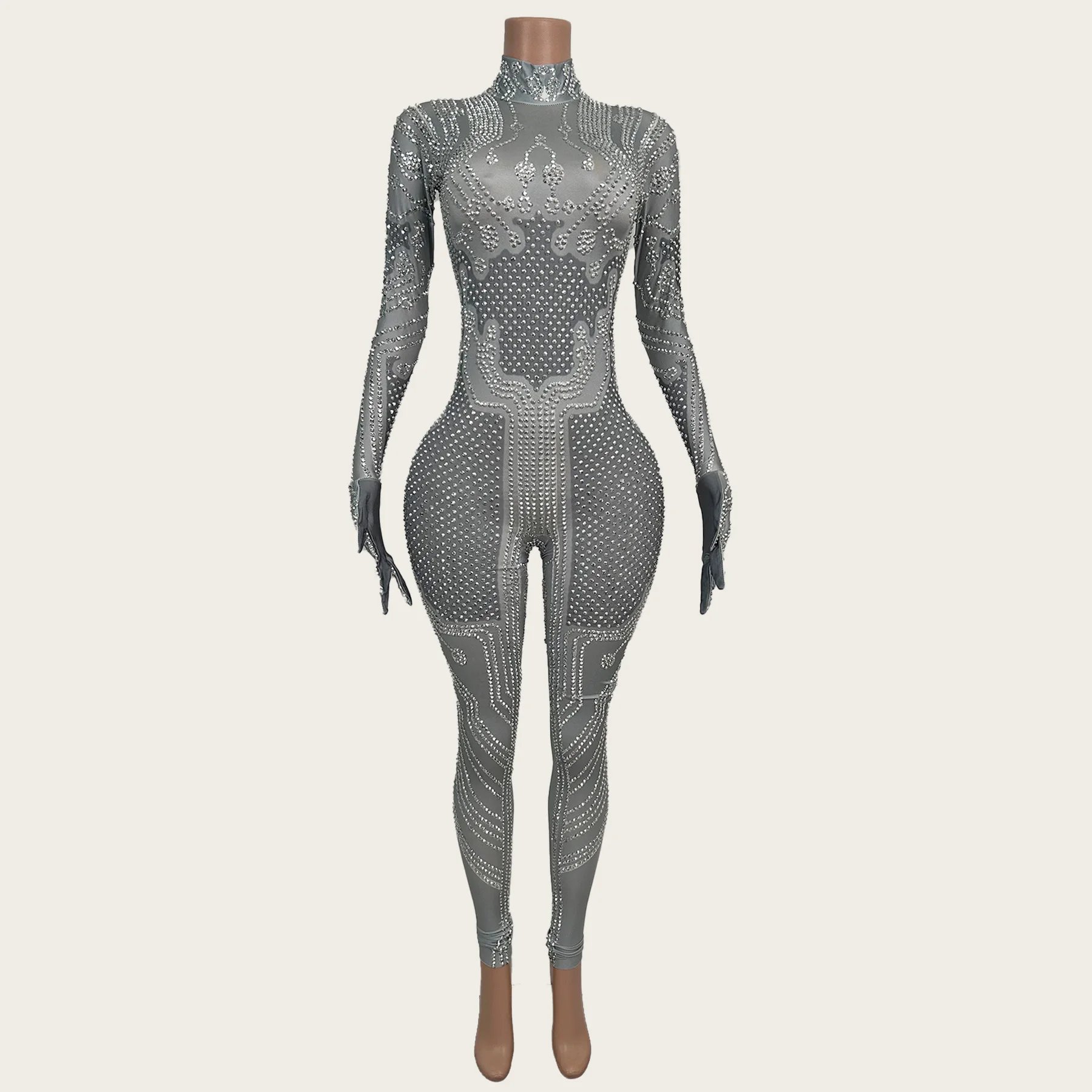 Long Sleeves Spandex Elastic Tight Fitting Jumpsuit Silver Sparkly Rhinestone Drag Queen Performer Wear gig Singer Outfit Dianlu
