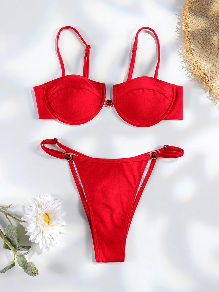 

Sexy Swimwear For Women Red Bikini Set 2025 Low Waist Bathing Suit Bandage Thongs Solid Beachwear Summer