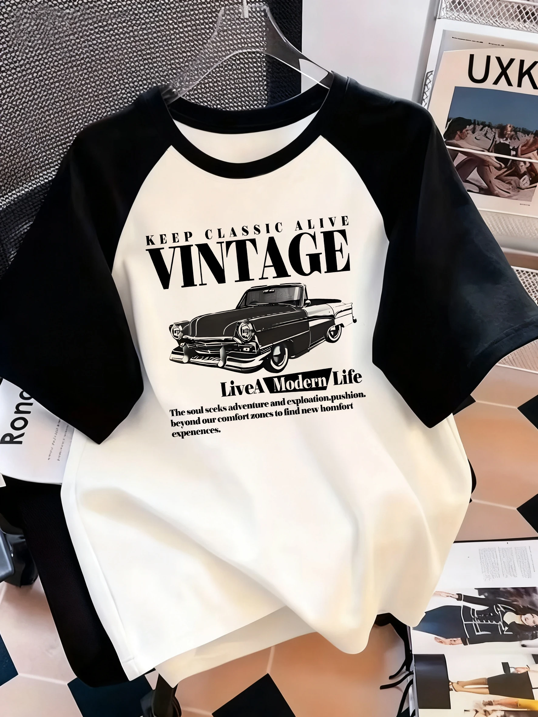 Harajuku Vintage Car Graphic Letter Print Crew Neck T-Shirt Casual Short Sleeve Top for Spring Summer Women's Clothing