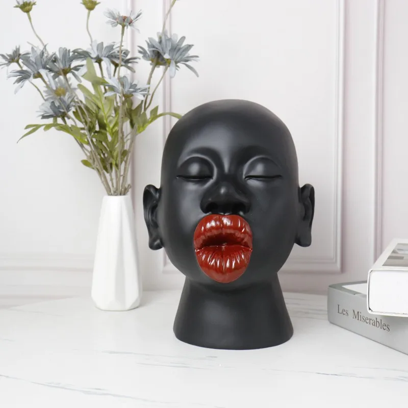 Interesting Modern Black and Red Lips Desktop Female Character Portrait Sculpture Home Decoration Resin Crafts Ornament